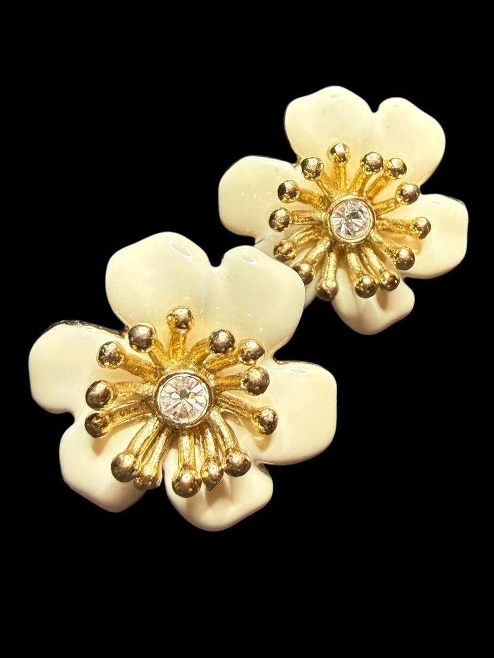 Kate Spade Cream Enamel Flower Crystal Gold Tone Statement Stud Earrings